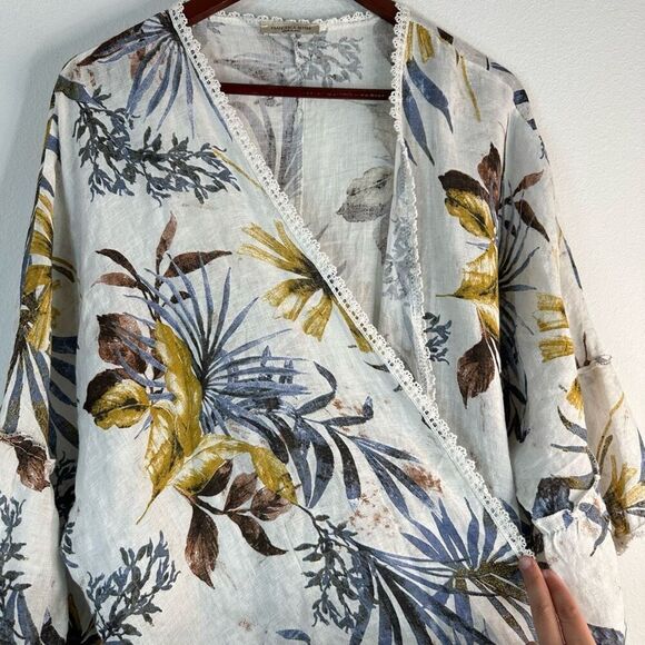 Francesca Bettini Tropical Floral Linen Kimono Cardigan Lace Trim Made in Italy - Picture 4 of 10
